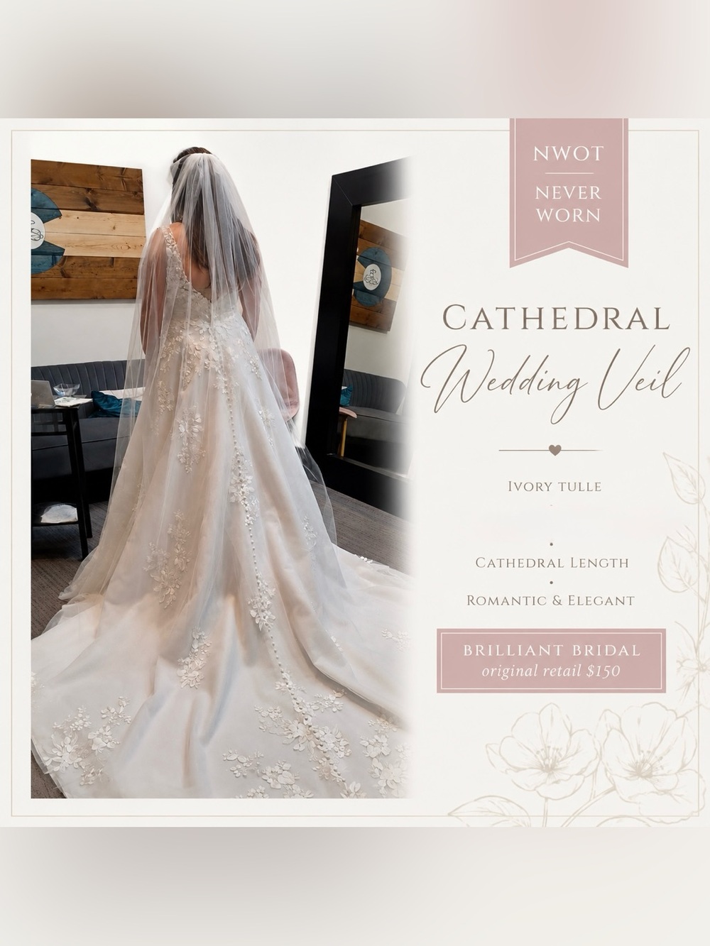 NWOT Cathedral Wedding Veil Ivory Floral Appliqué Long Veil Brilliant Bridal